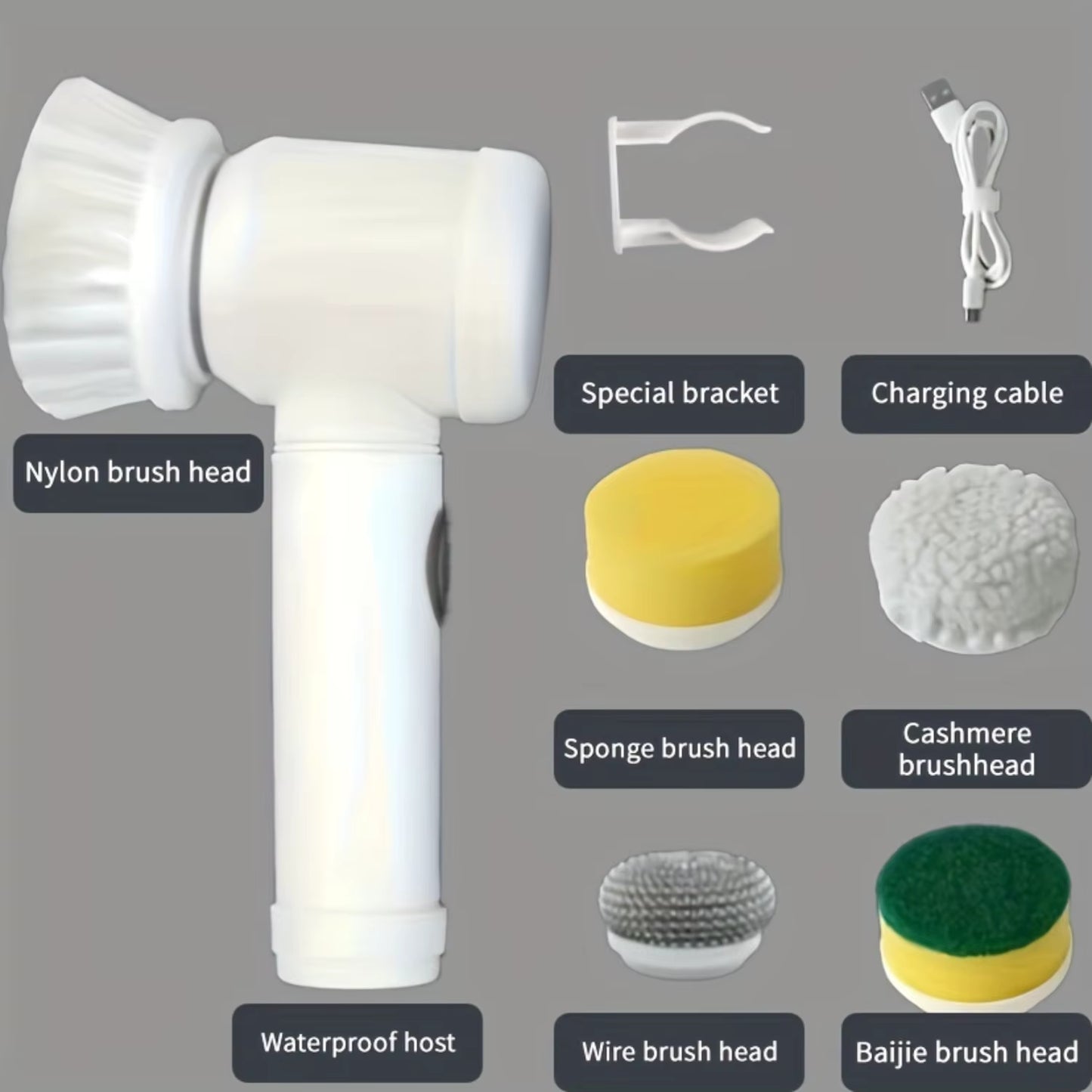Powerful 1 Set Spin Scrubber with 5 Replaceable Brush Heads | Cordless and Rechargeable Handheld Kitchen and Shower Scrubber | I
